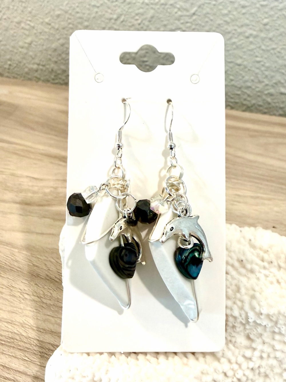 65. Silver Dolphin Abalone Heart Drop Earrings on White Sea glass